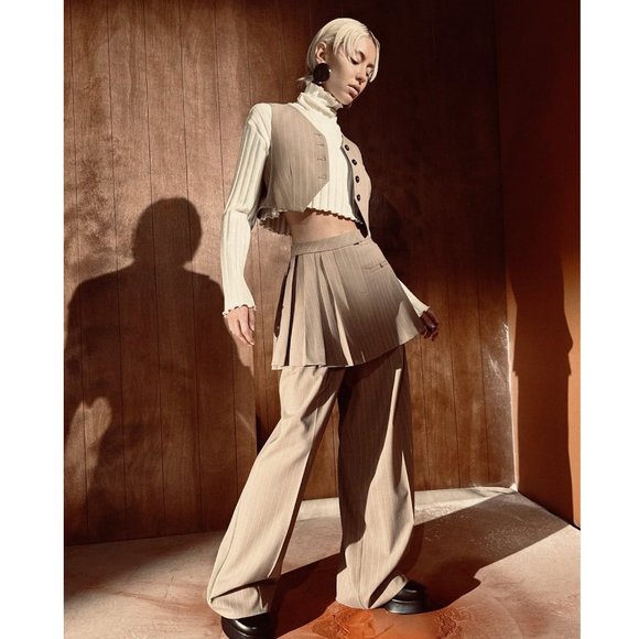 BLOGGER'S FAVE! Zara Set Pinstripe Box Pleat Skirt And Vest Brown NWT - Picture 13 of 17